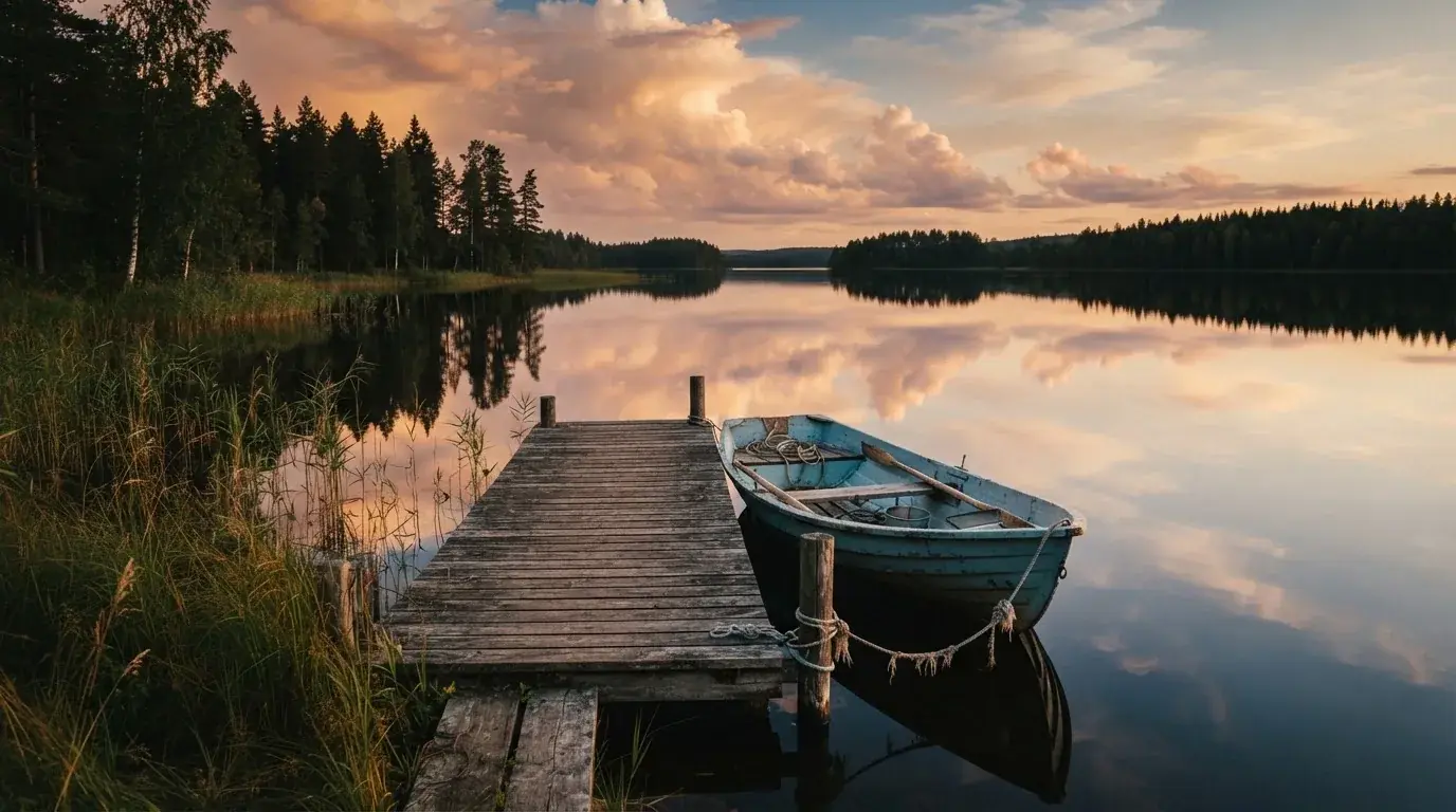 Laituri tyynellä järvellä auringonlaskussa, vanha soutuvene kiinnitettynä ja vedessä pilvien heijastus — luotettavat suomalaiset kasinot